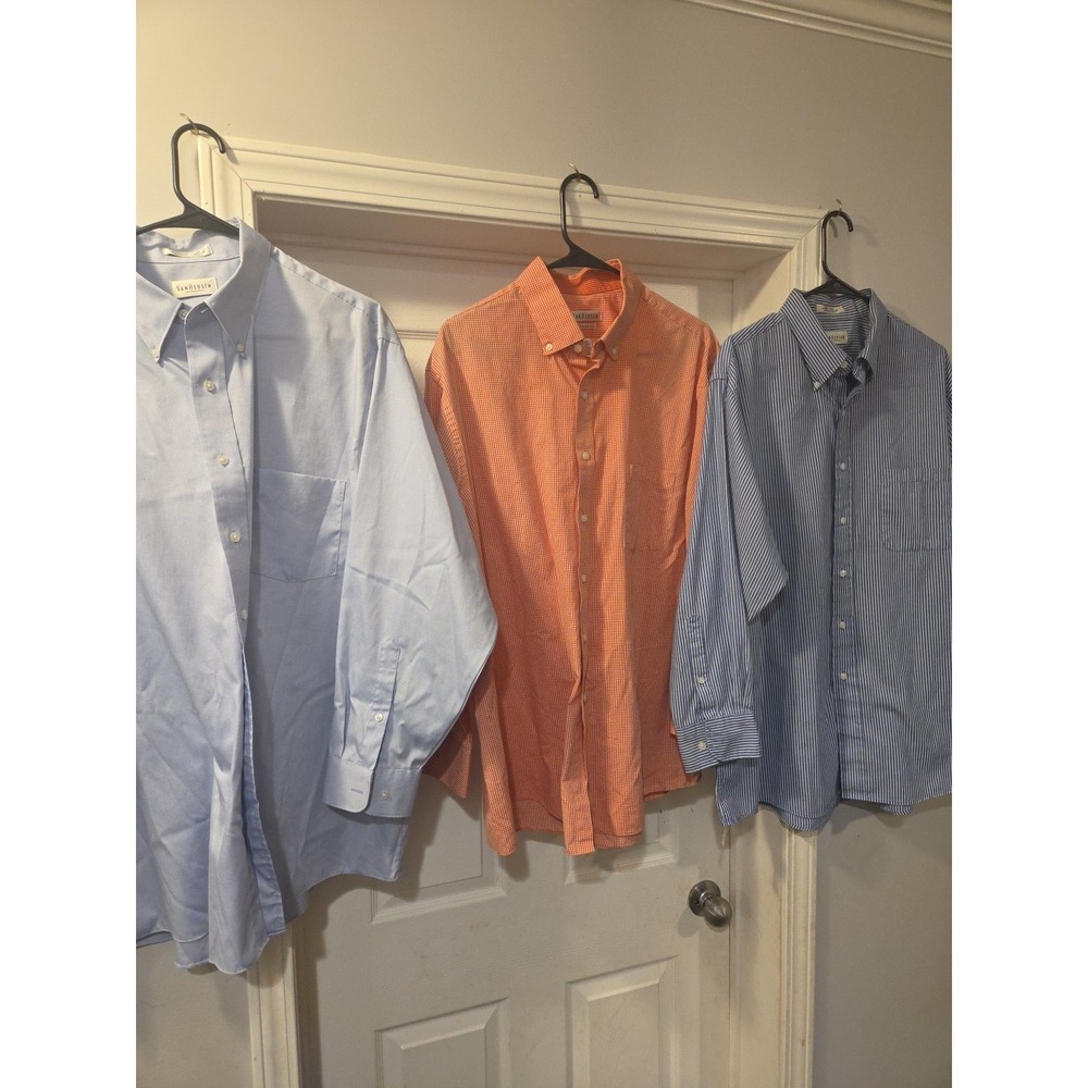Men's 17.5 - 32/33 Van Heusen Long Sleeve Dress Shirt LOT OF 3 Blue/White/Salmon
